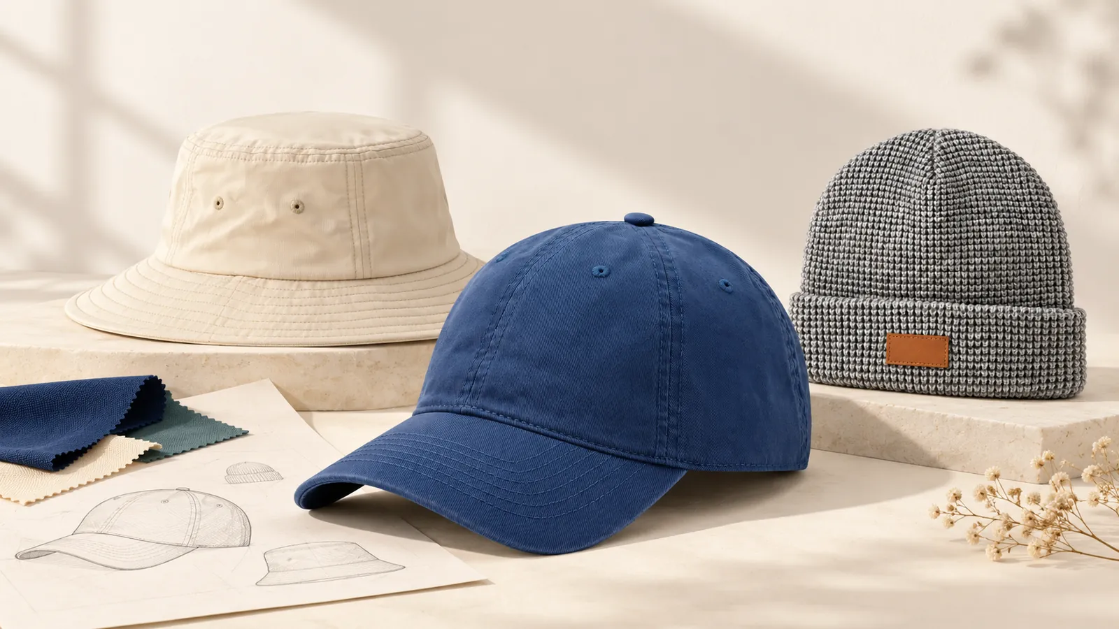 Illustrative custom hat design brief with a cap reference and drawing views