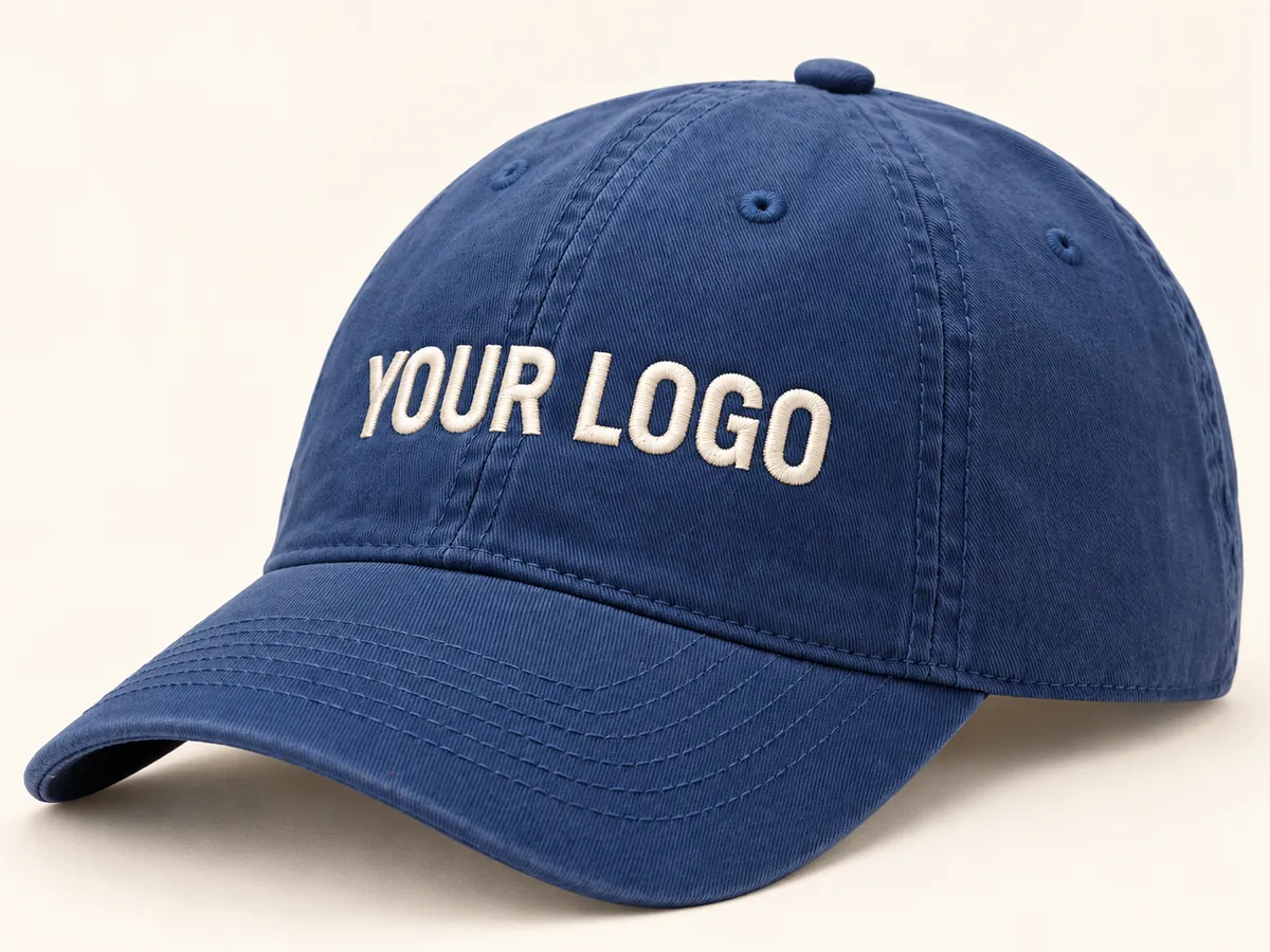 Raised cream stitching on an illustrative custom cap