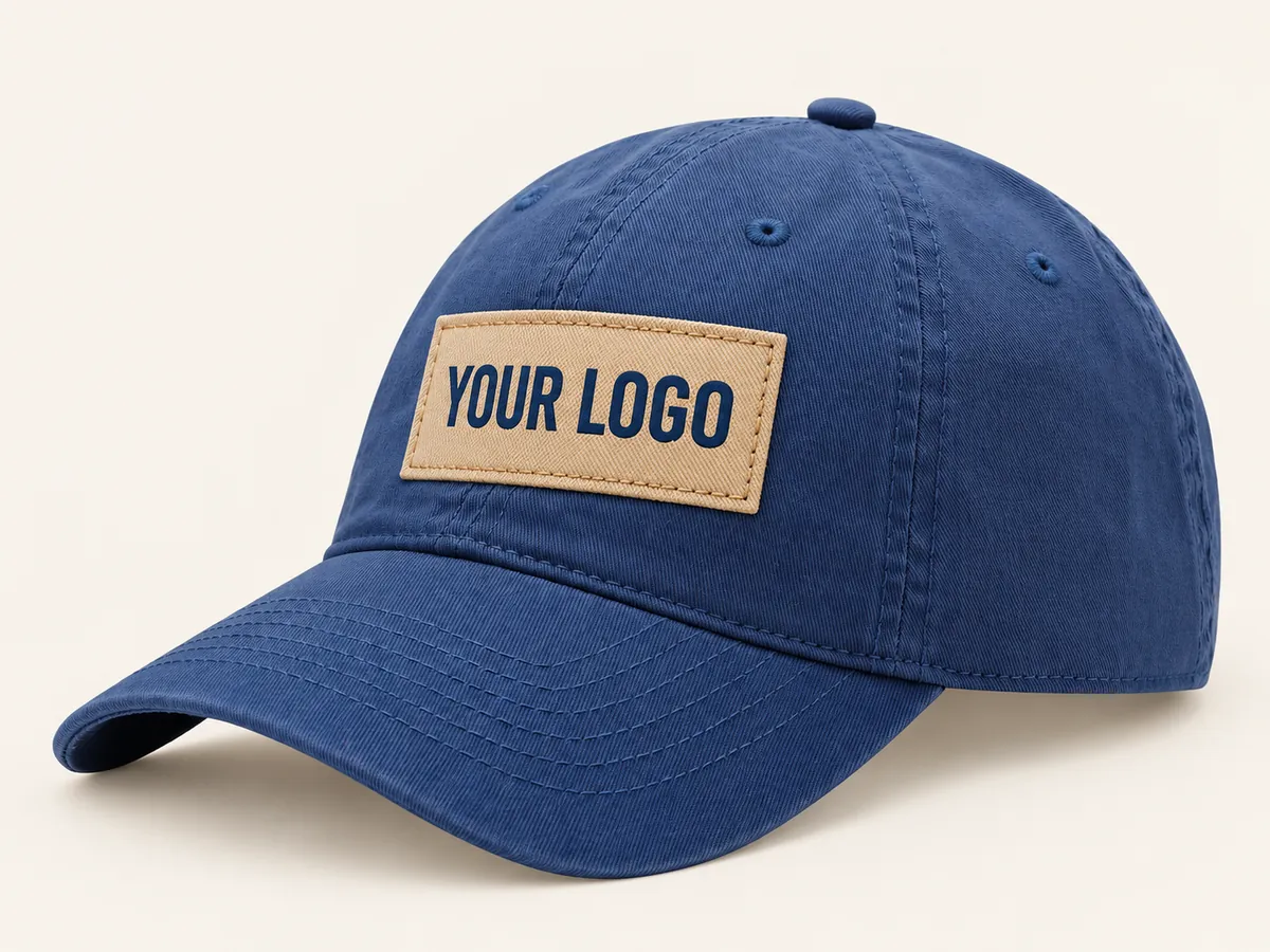 Stitched tan logo patch on an illustrative custom cap