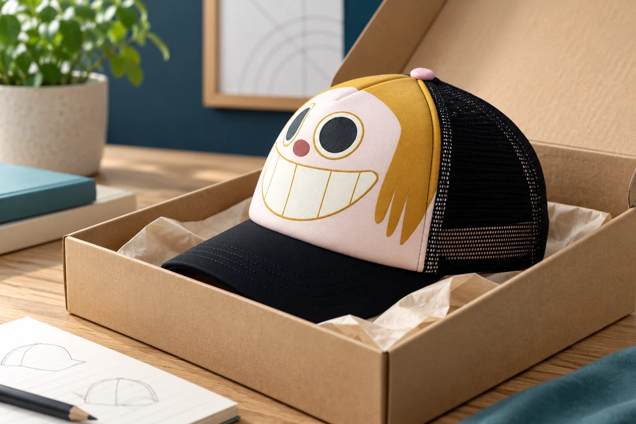 The hat and its presentation can be reviewed as one complete customer-facing product.