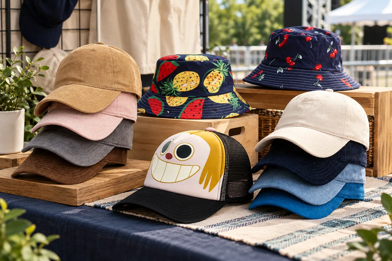 A quiet merchandise-table setting helps frame the cap as a finished retail product.