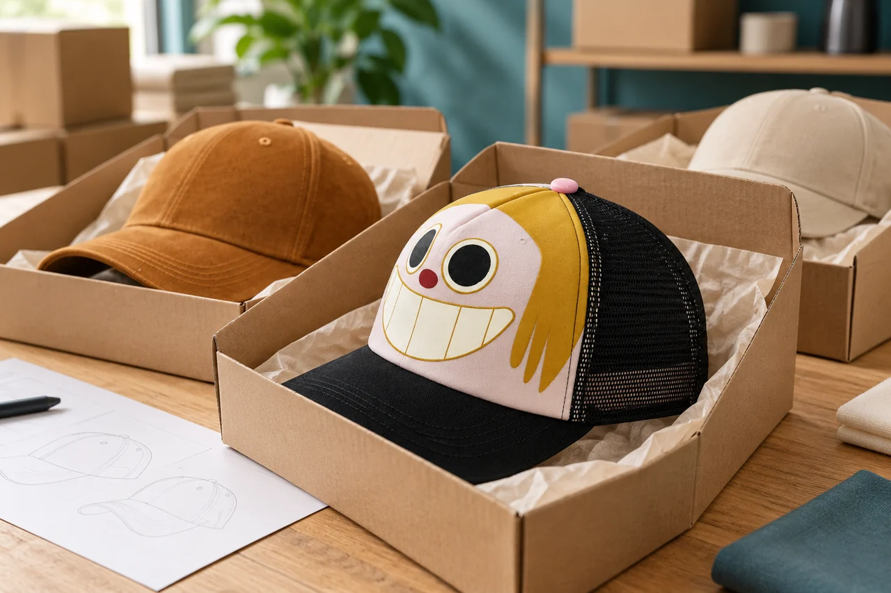 Separate open cartons illustrate a deliberate allocation of headwear versions.
