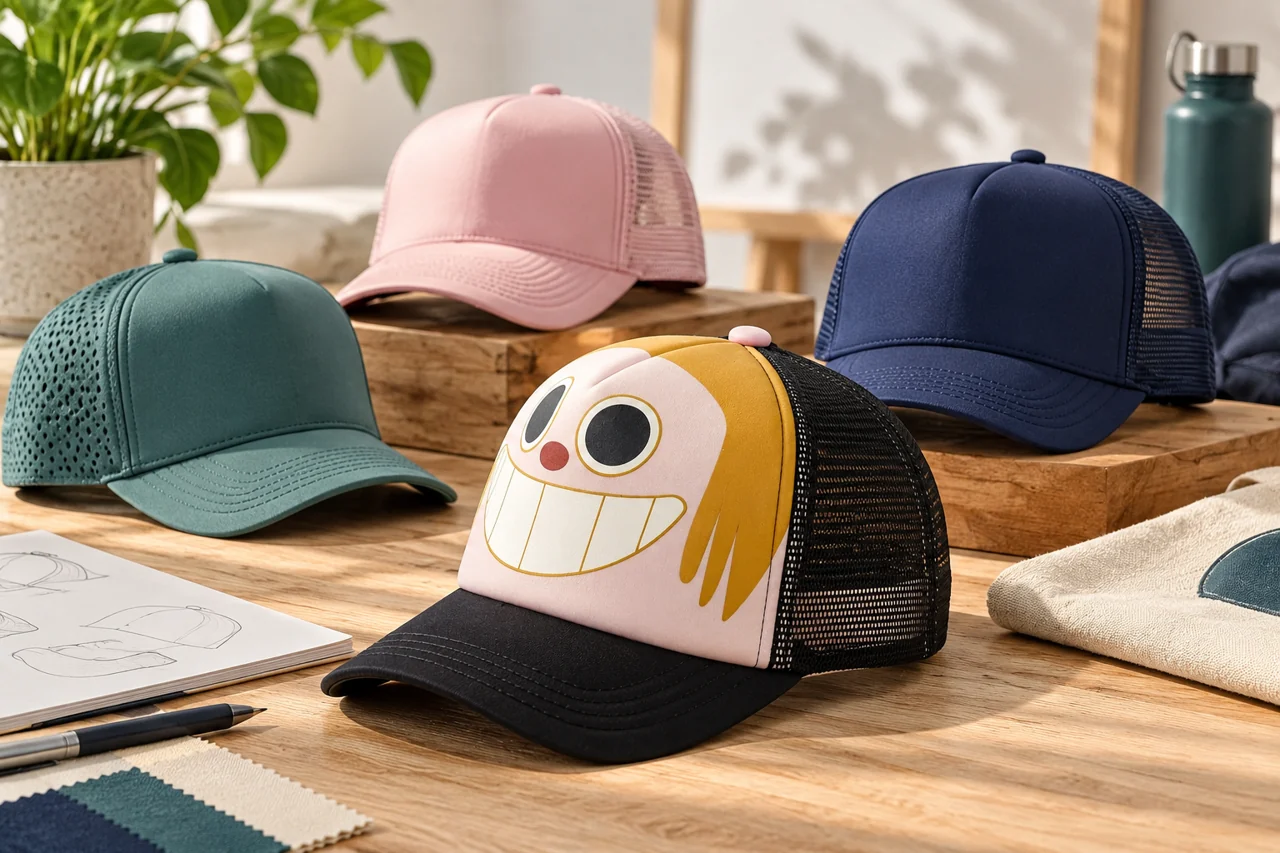 A front-and-mesh cap reference helps frame the complete trucker-cap design.