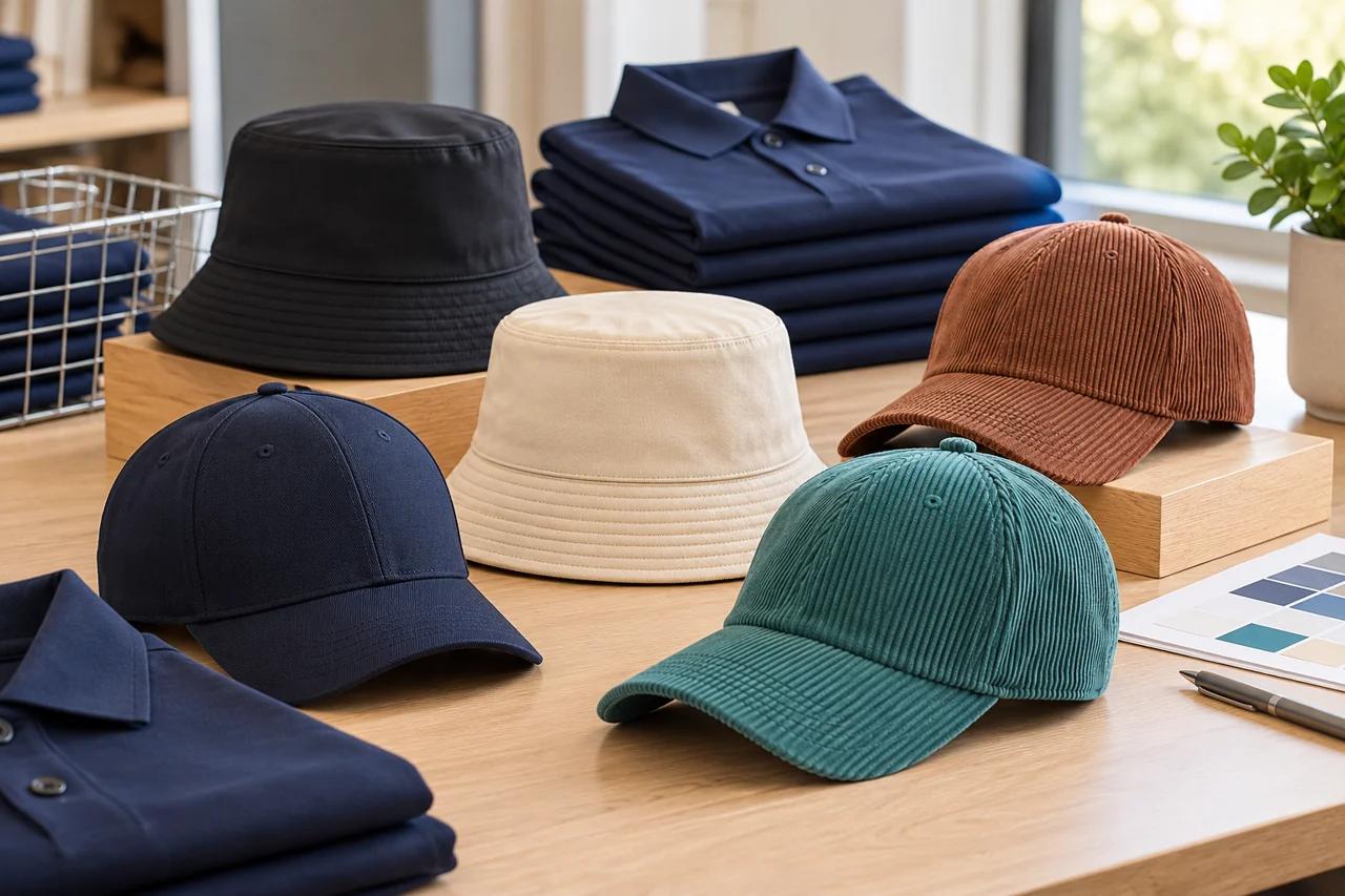 Hat references and plain garments help frame a staff-uniform direction.