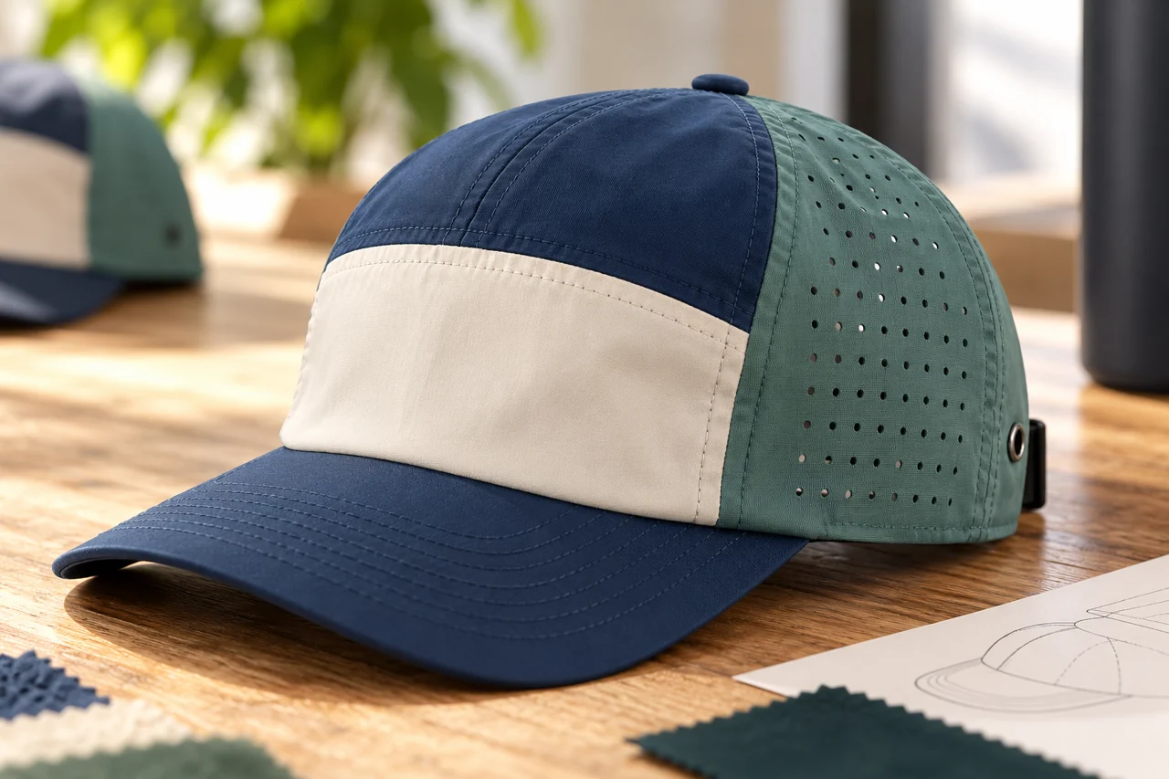 Panel seams and visible fabric details help specify the selected running cap.