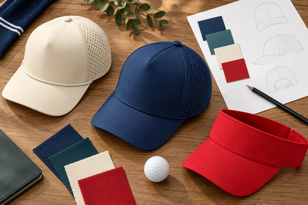 Headwear and colour references help connect logo planning with the complete golf range.