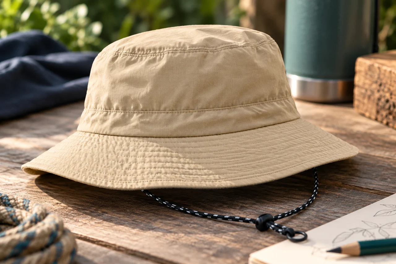 Brim, crown and cord details are useful review points for a staff-hat specification.