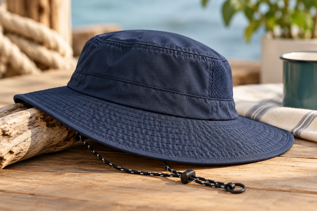 Brim seams and cord attachment areas help explain a brimmed-hat specification.