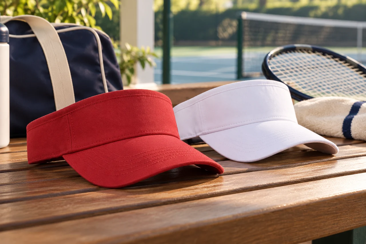 An open-top visor reference connects the headwear design with a club setting.