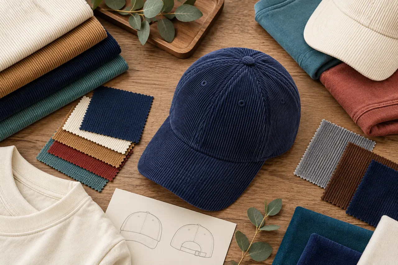 A colour and material board gives the headwear design a place within the season's range.