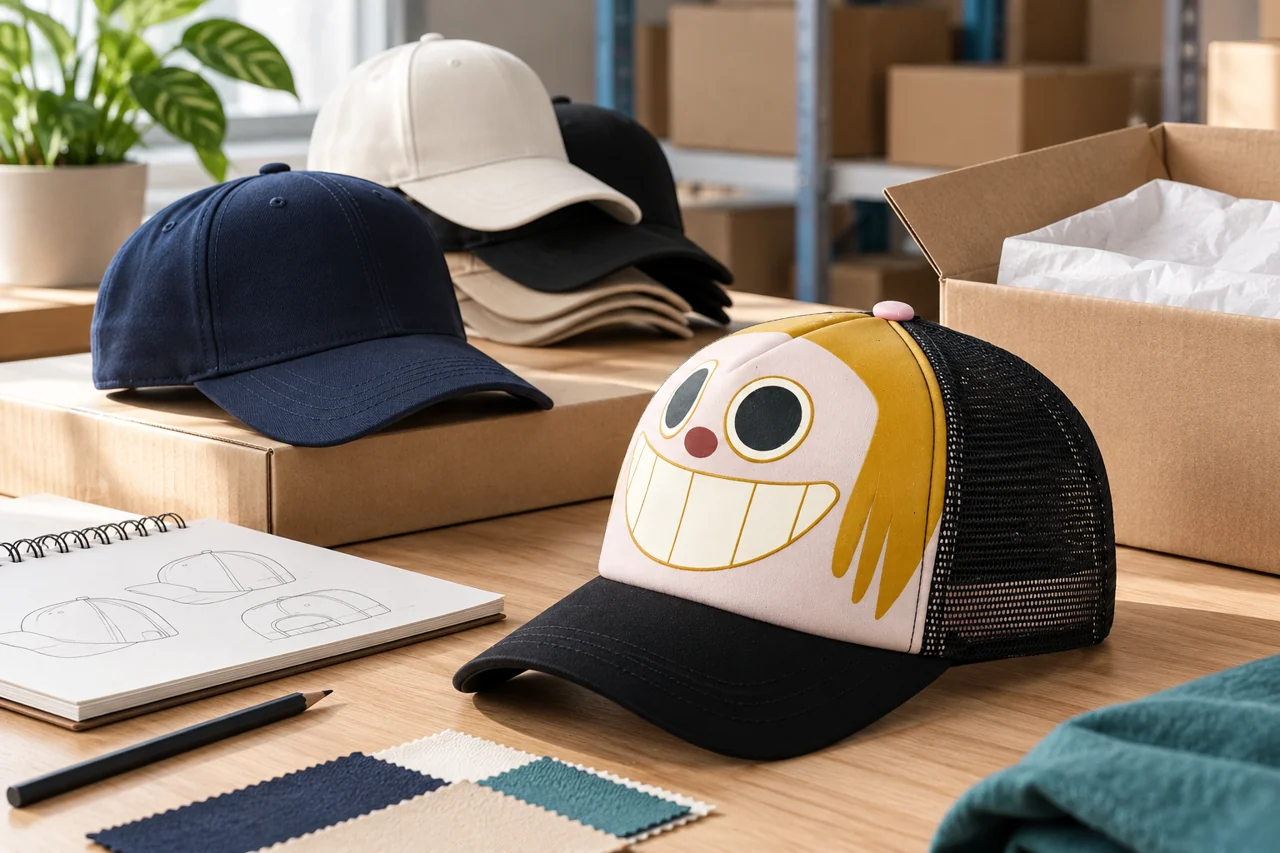 A tidy packing setup illustrates the receiving information that belongs beside the hat specification.