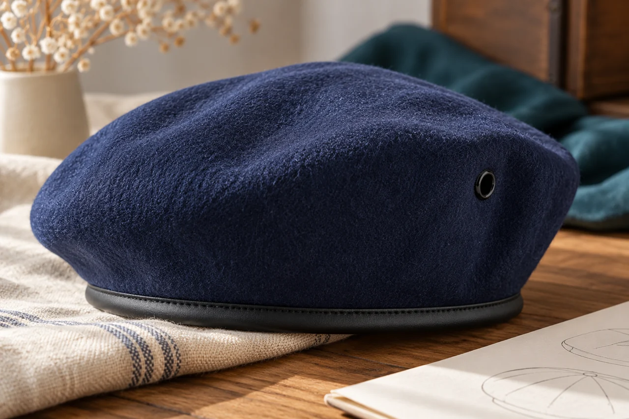 Surface texture and seam structure help distinguish the chosen hat construction.