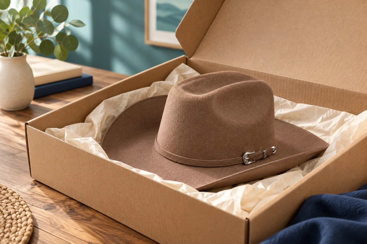 An open carton and supported brimmed hat illustrate a proposed packing arrangement for review.
