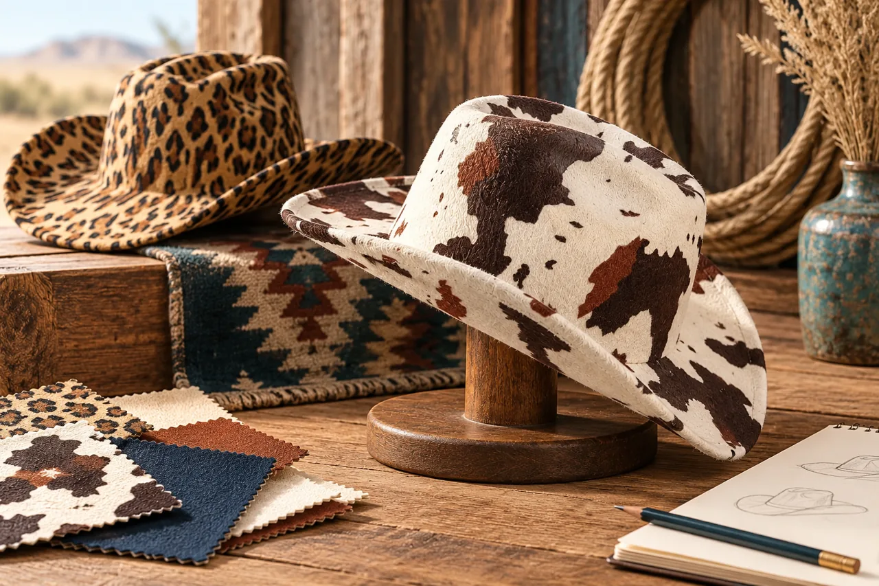 A western silhouette provides a reference for crown, brim and collection direction.