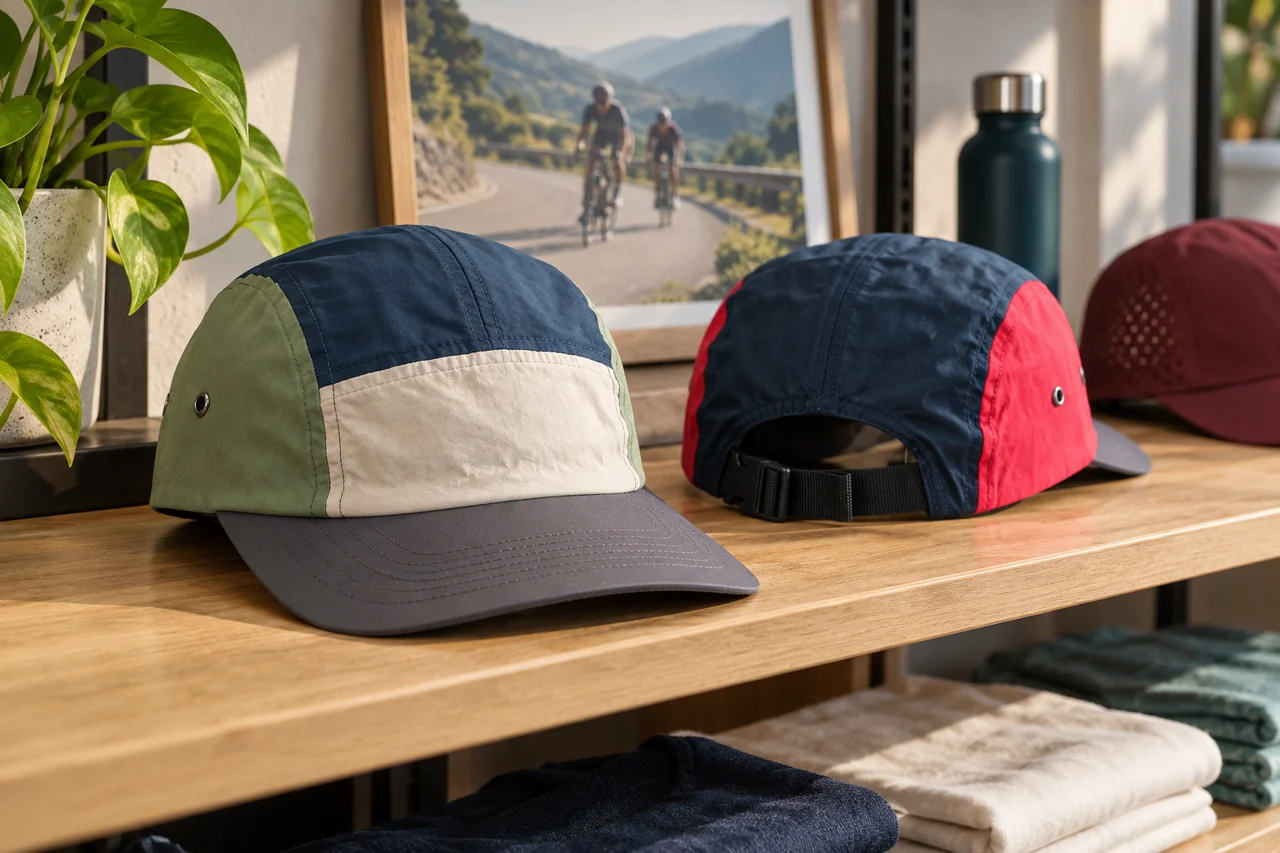 A retail shelf setting helps evaluate the cap range as casual club merchandise.