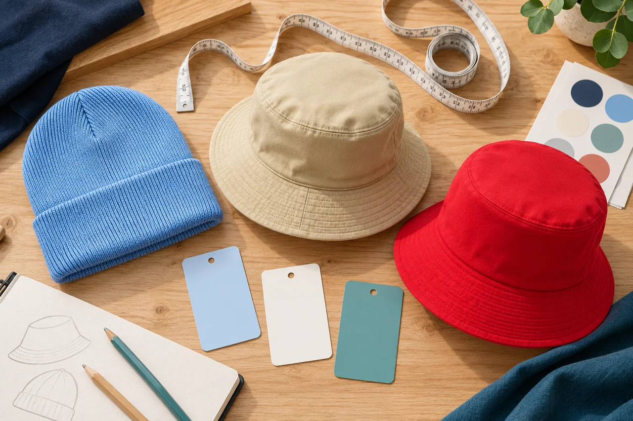 Size-group cards and product references help organise the family headwear brief.