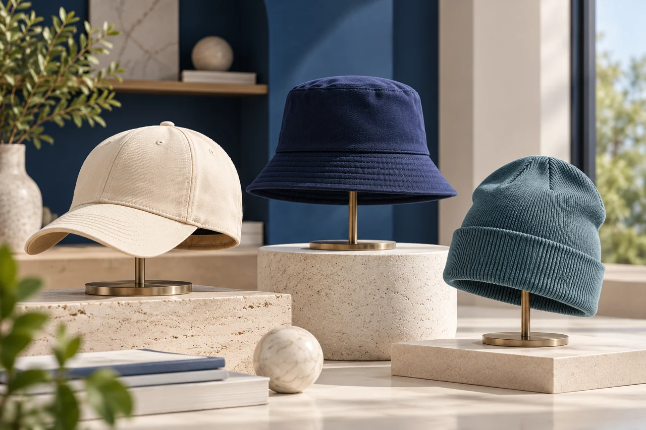 Different headwear silhouettes help separate style and fit choices.
