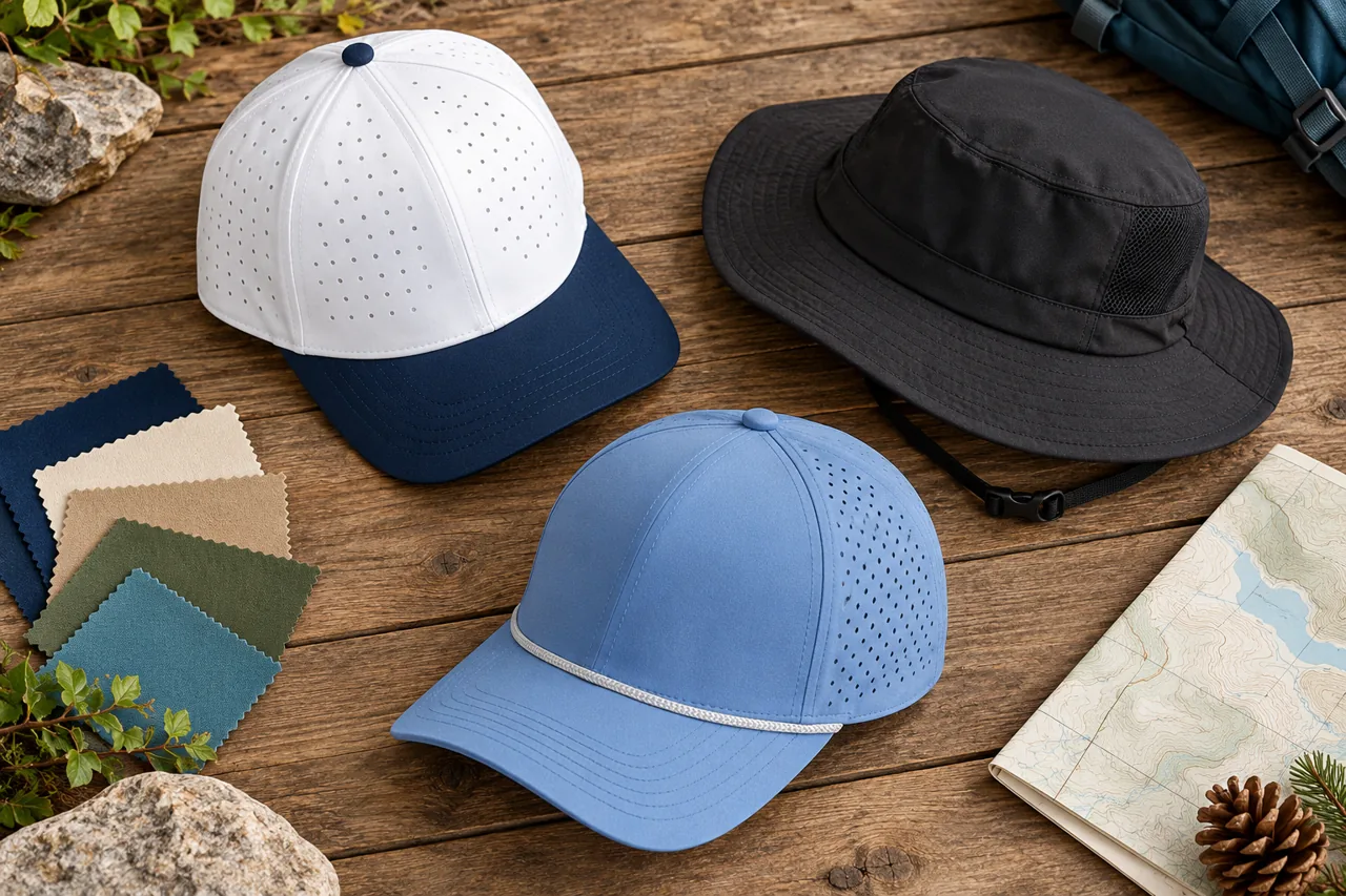 Material references and an outdoor colour direction can be reviewed with the chosen hat shape.