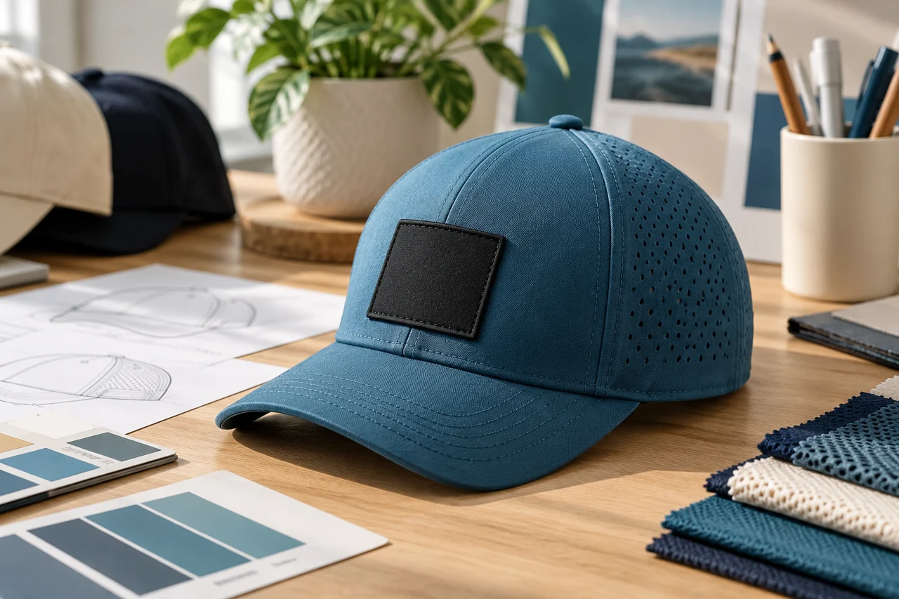 A plain square decoration area illustrates where QR artwork could be reviewed on a promotional cap.