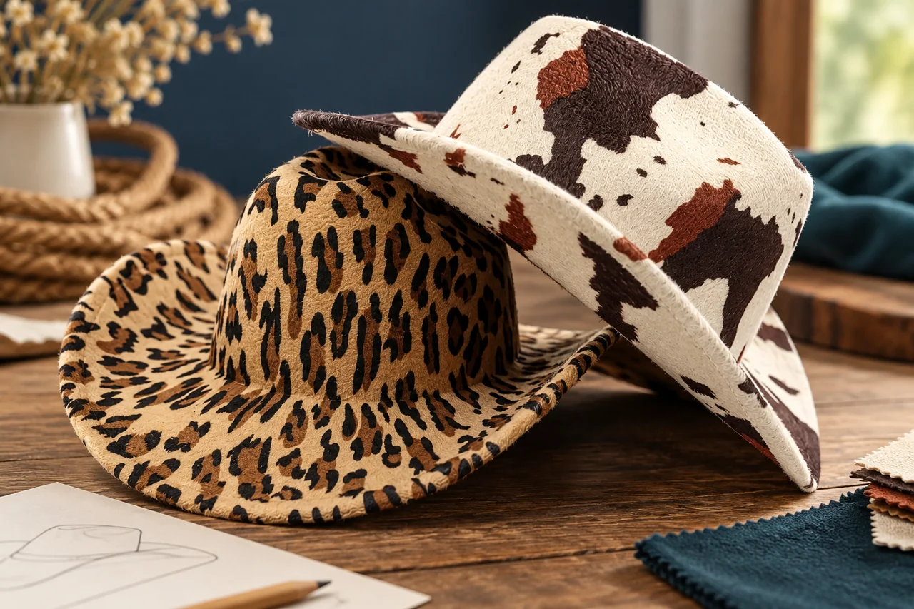 Crown texture and the shaped brim need to be reviewed with the chosen material.