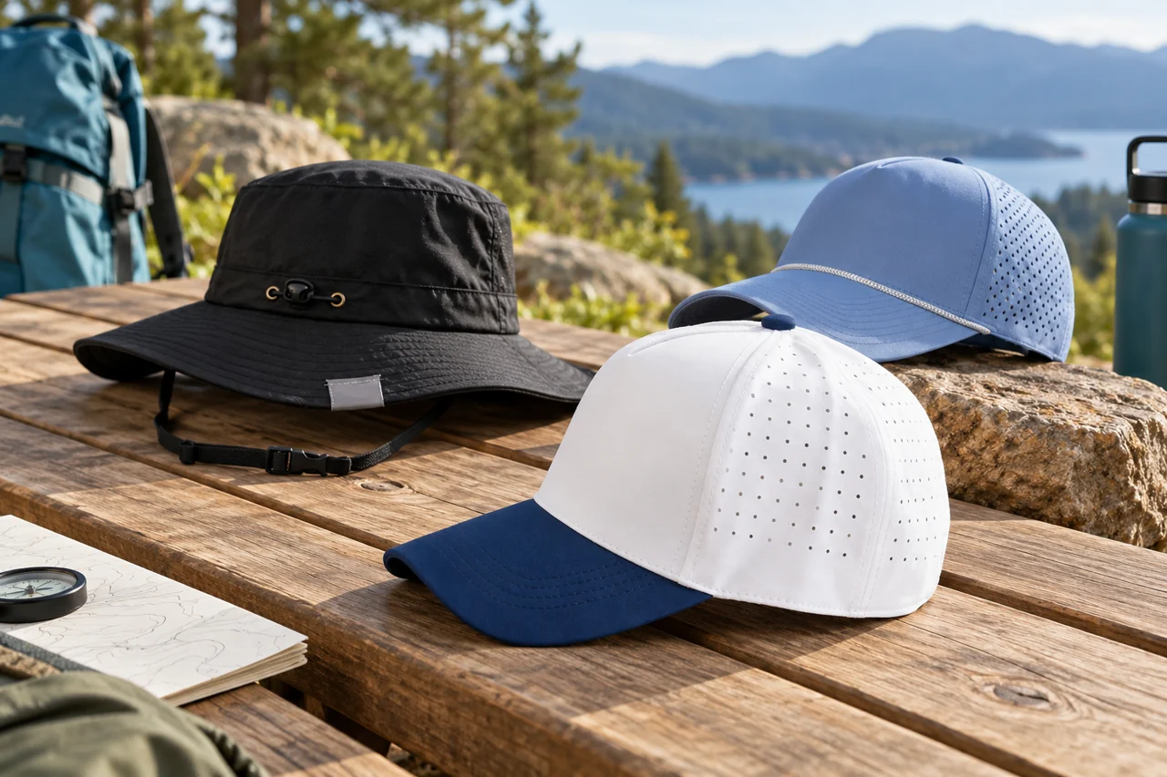 Cap and brimmed-hat references help frame the headwear choices in an outdoor collection.
