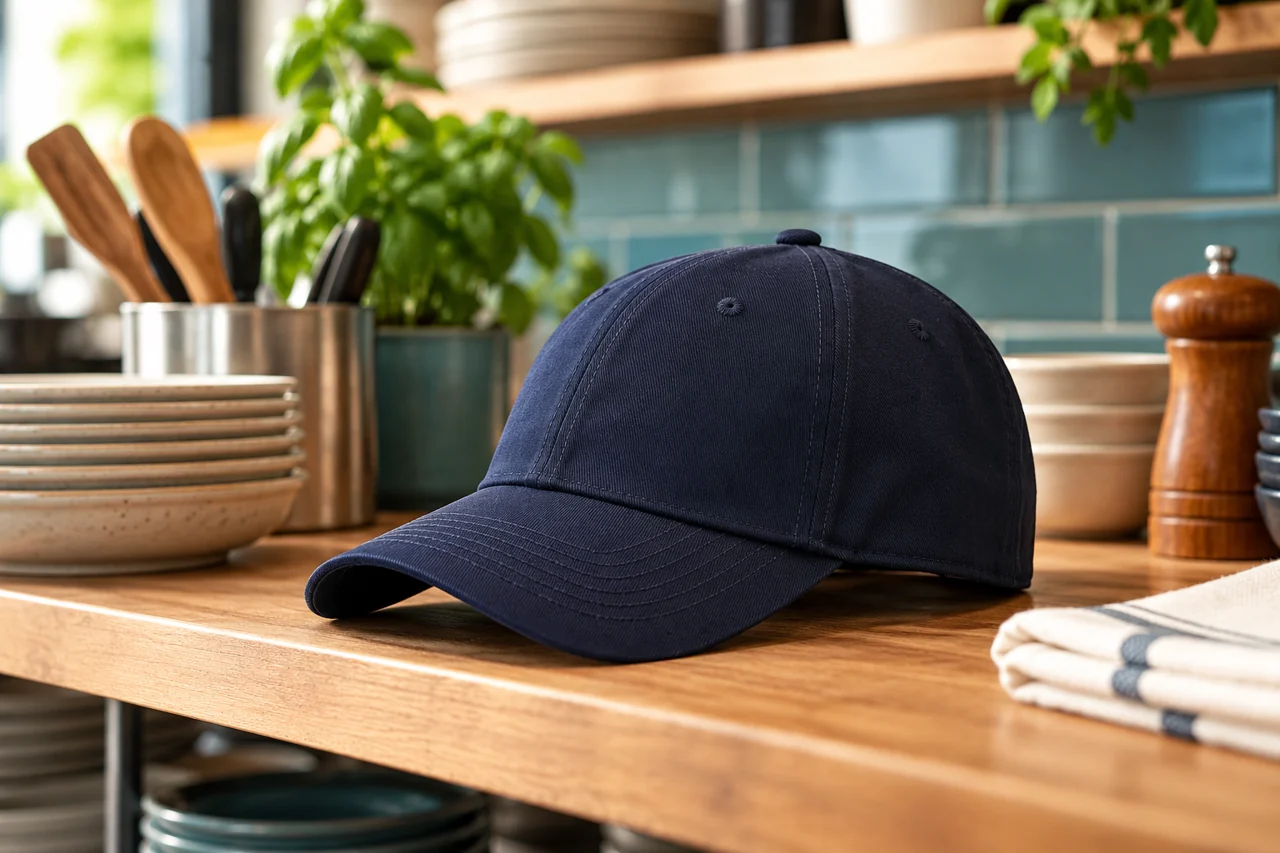 A small uniform cap set illustrates a coordinated staff presentation.