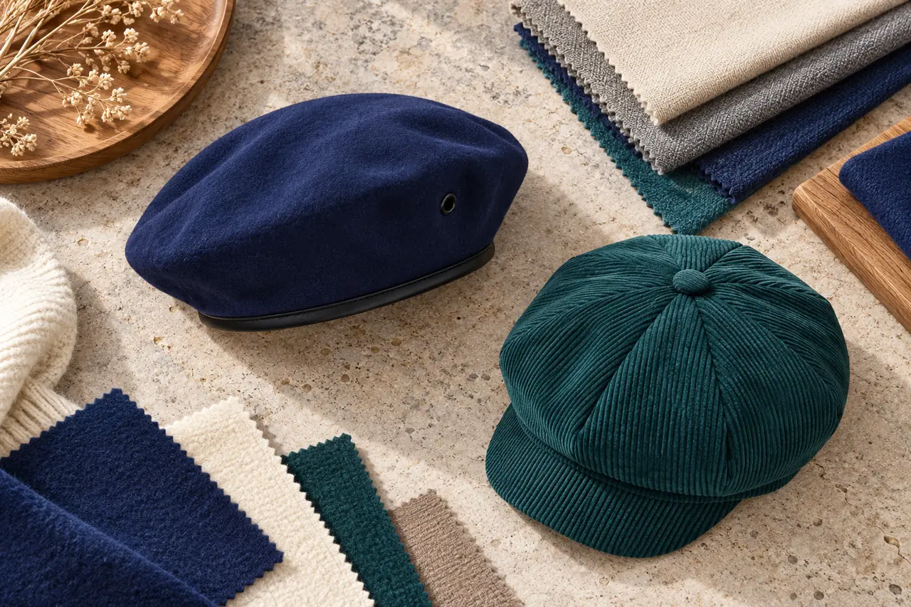 Material swatches and distinct hat references support a more deliberate collection brief.