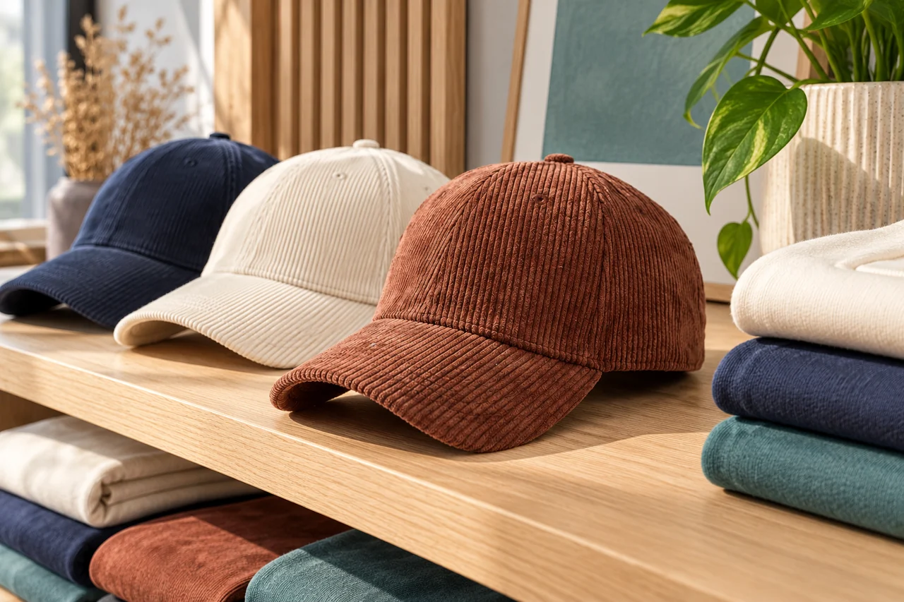 A coordinated retail display helps evaluate the hat as part of the complete apparel offer.
