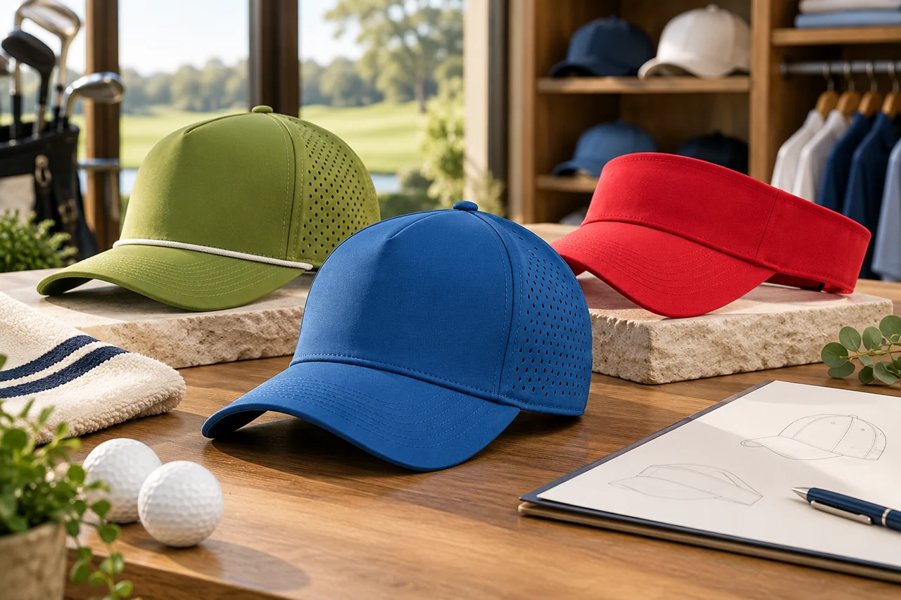 Golf cap and visor references connect the range with a club-shop setting.