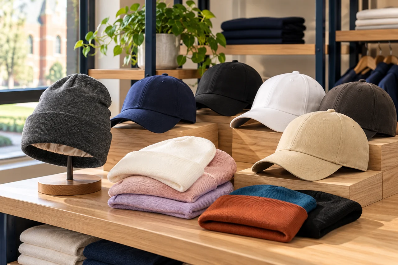Cap and beanie references provide starting silhouettes for a campus retail range.