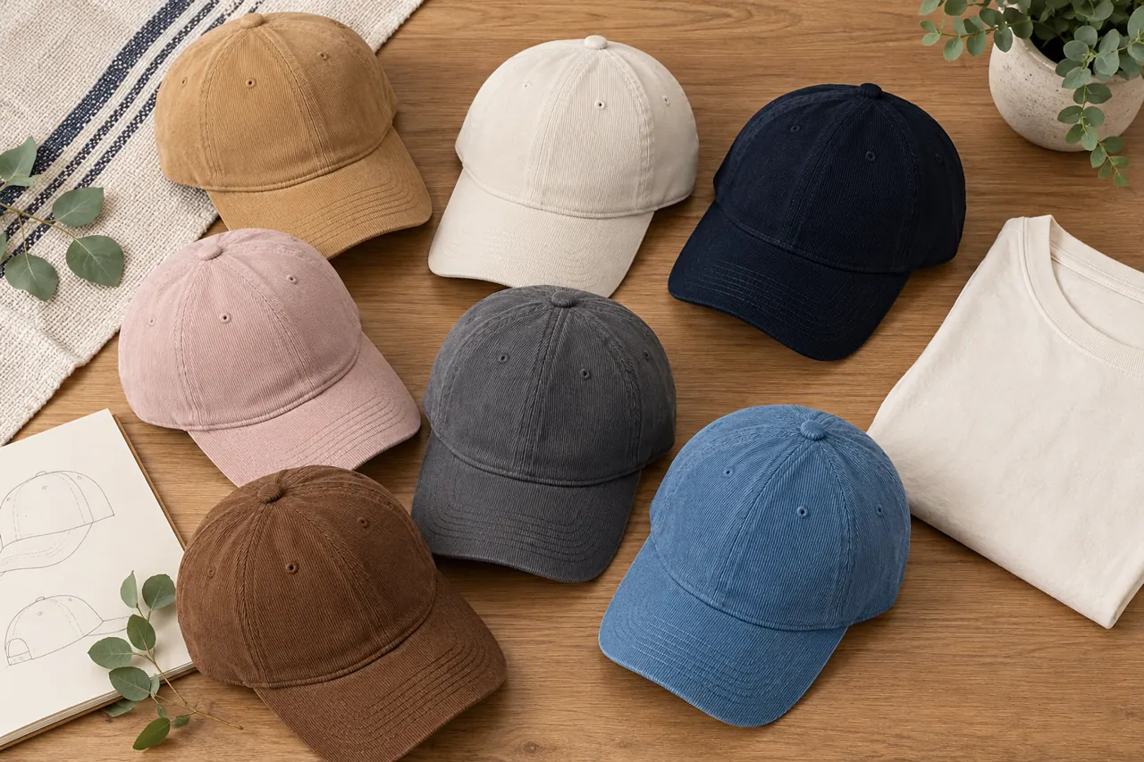 A colour and apparel study helps place a relaxed cap within the wider brand range.