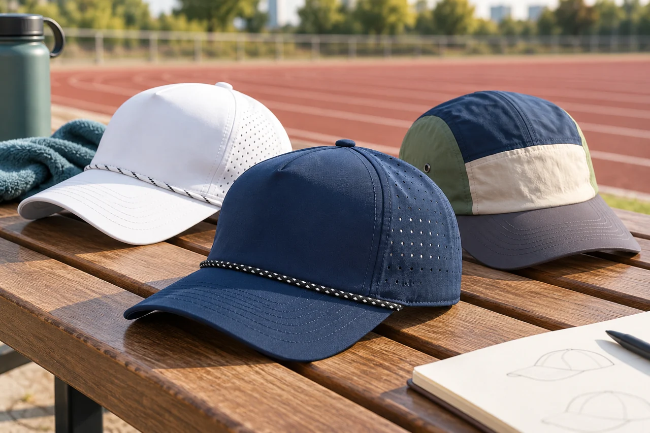 A quiet trackside setting helps frame the cap as part of a defined running programme.