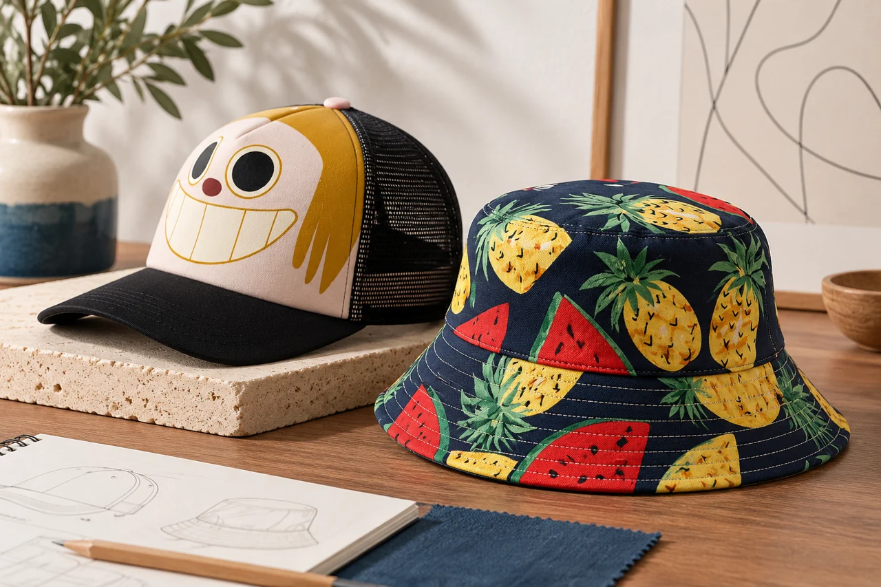 An art-led retail display helps review the visual relationship between distinct hat versions.