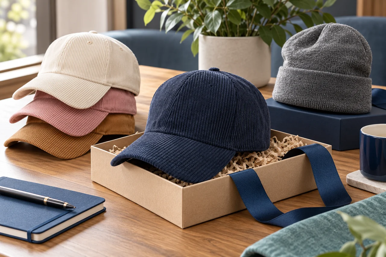 A restrained hat presentation provides a starting direction for a corporate gift project.