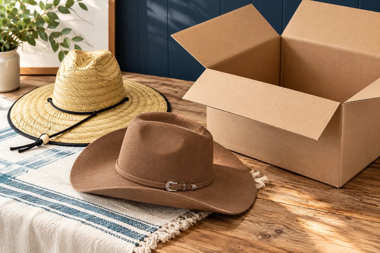 Brimmed-hat references and an open carton help frame a shape-focused packing discussion.