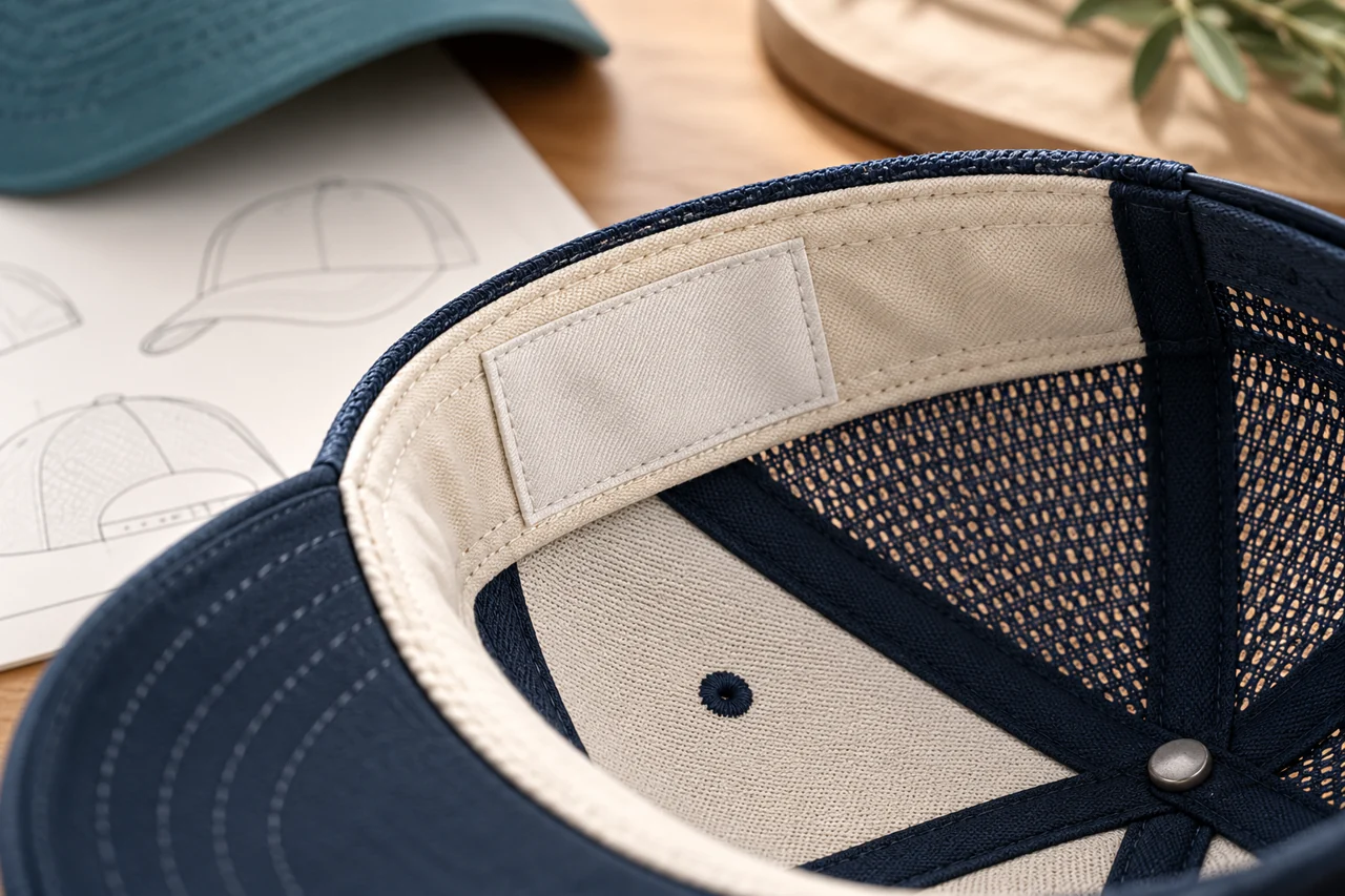 Inside label and seam areas need to be considered with the finished hat.