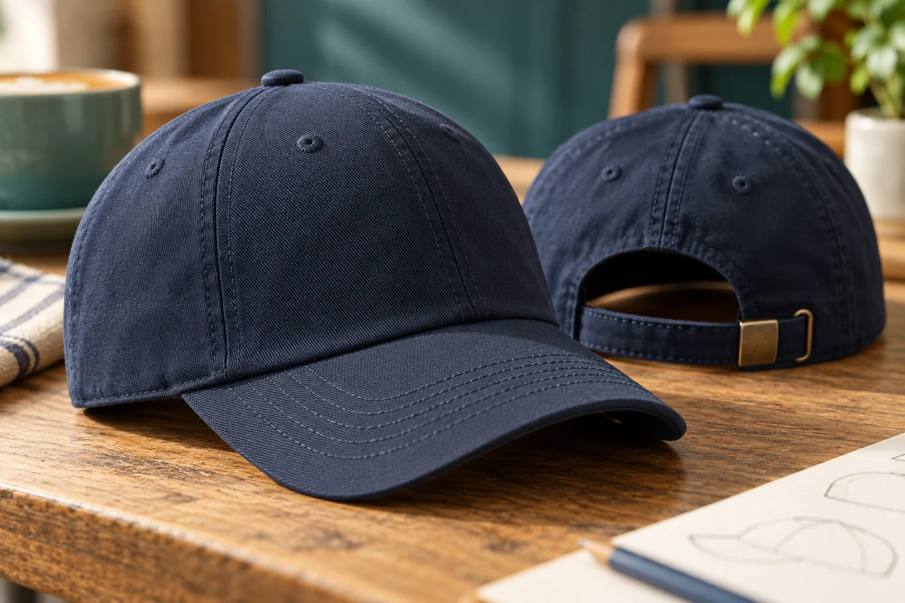 Crown fabric and rear adjustment details contribute to the staff-cap fit.