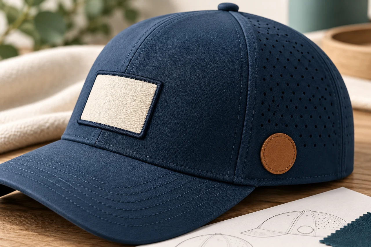 Spacing and surface details help review two defined decoration zones on one cap.