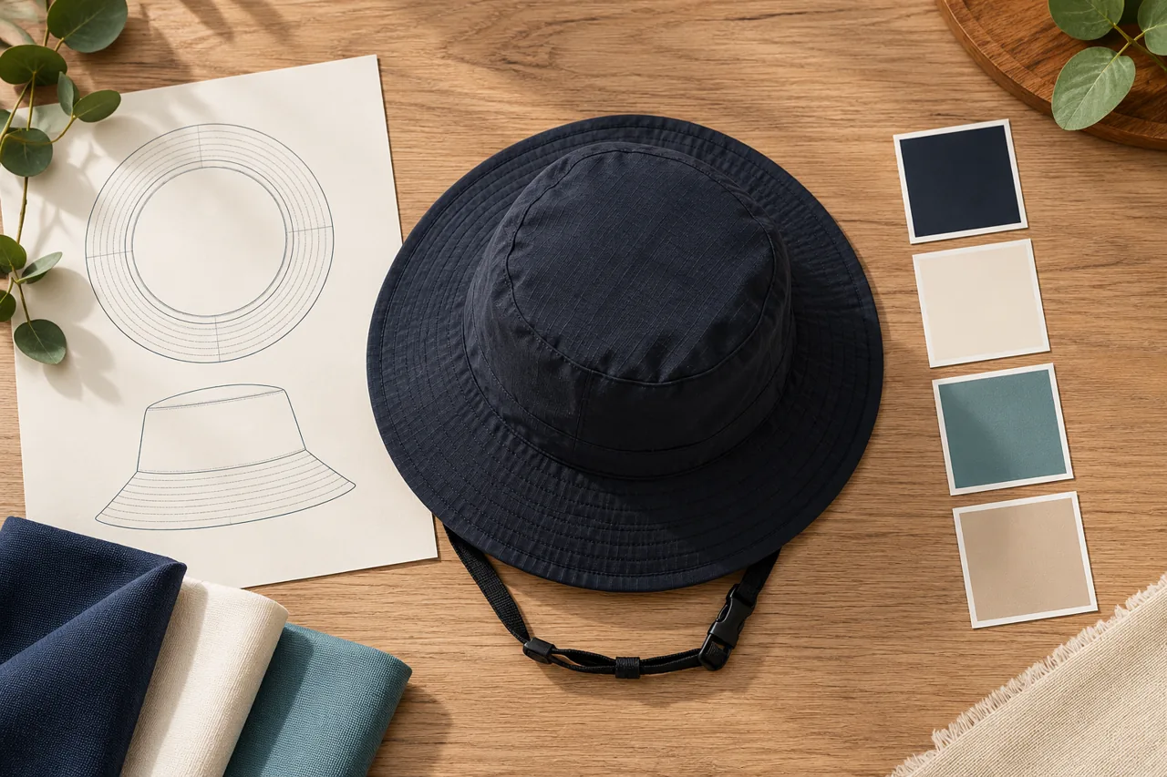 A top-down drawing study connects the brim, crown and colour direction.