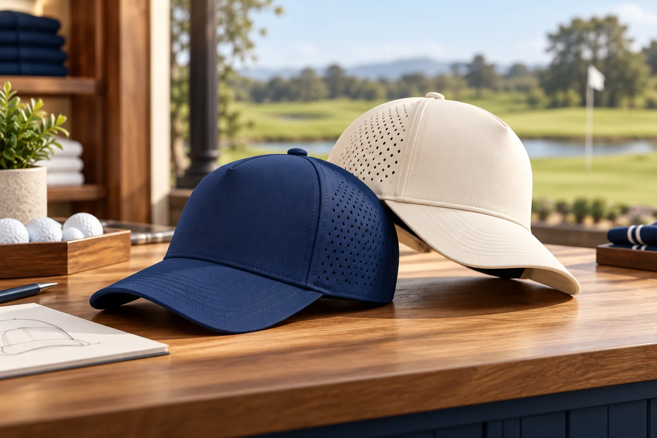 A pro-shop counter provides a useful setting for reviewing related golf-cap colourways.