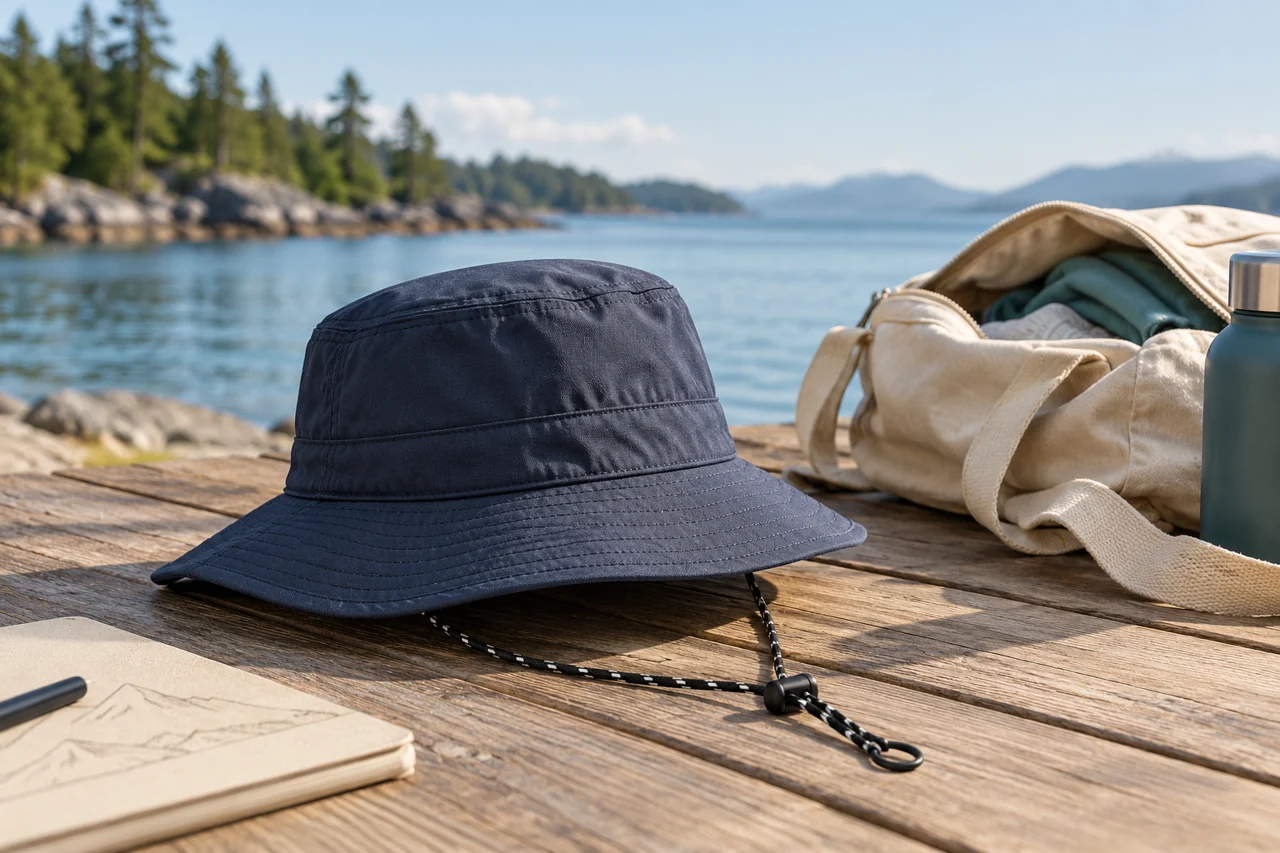 The hat and an open travel bag illustrate the carrying context without replacing sample review.