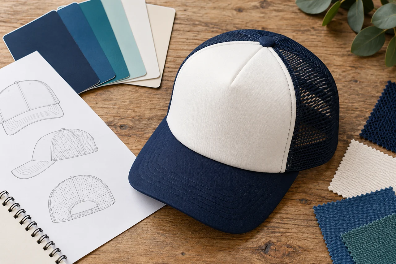 A design study keeps the front graphic, cap profile and colour direction connected.