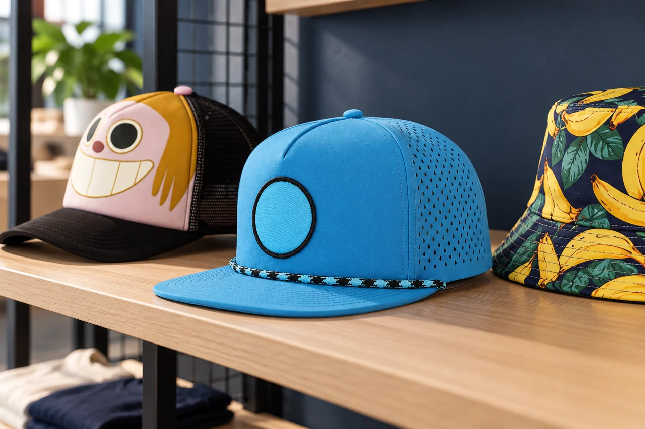 A small event-retail display helps review the relationship between merchandise cap versions.