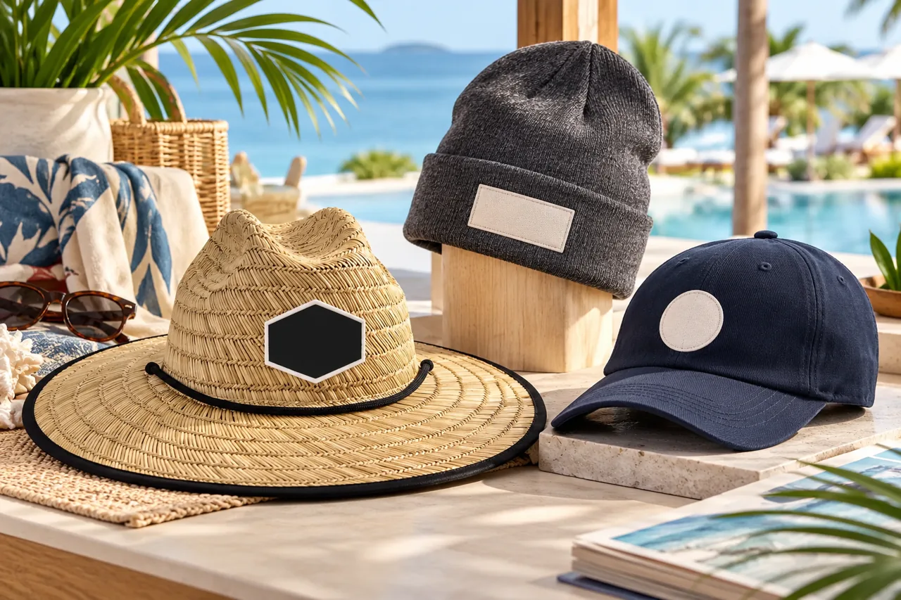 Straw-style, knit and cap references serve different travel retail roles.
