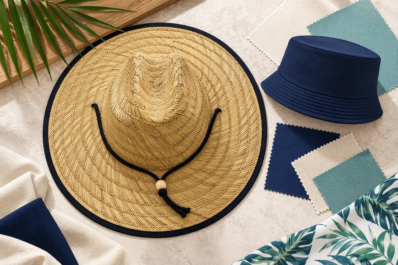 Band and colour references help connect the woven hat with your retail identity.