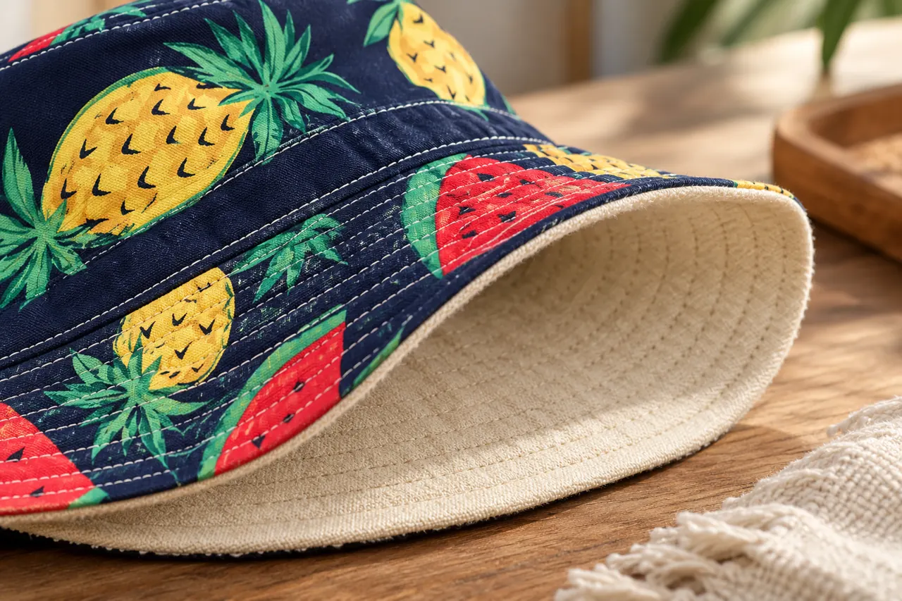 The brim edge connects the two visible fabric surfaces.