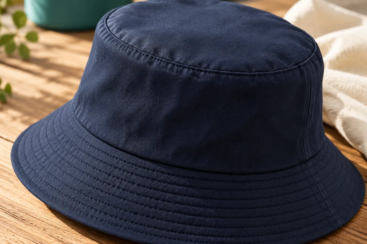Crown seams and brim stitch rows help define the finished bucket-hat appearance.