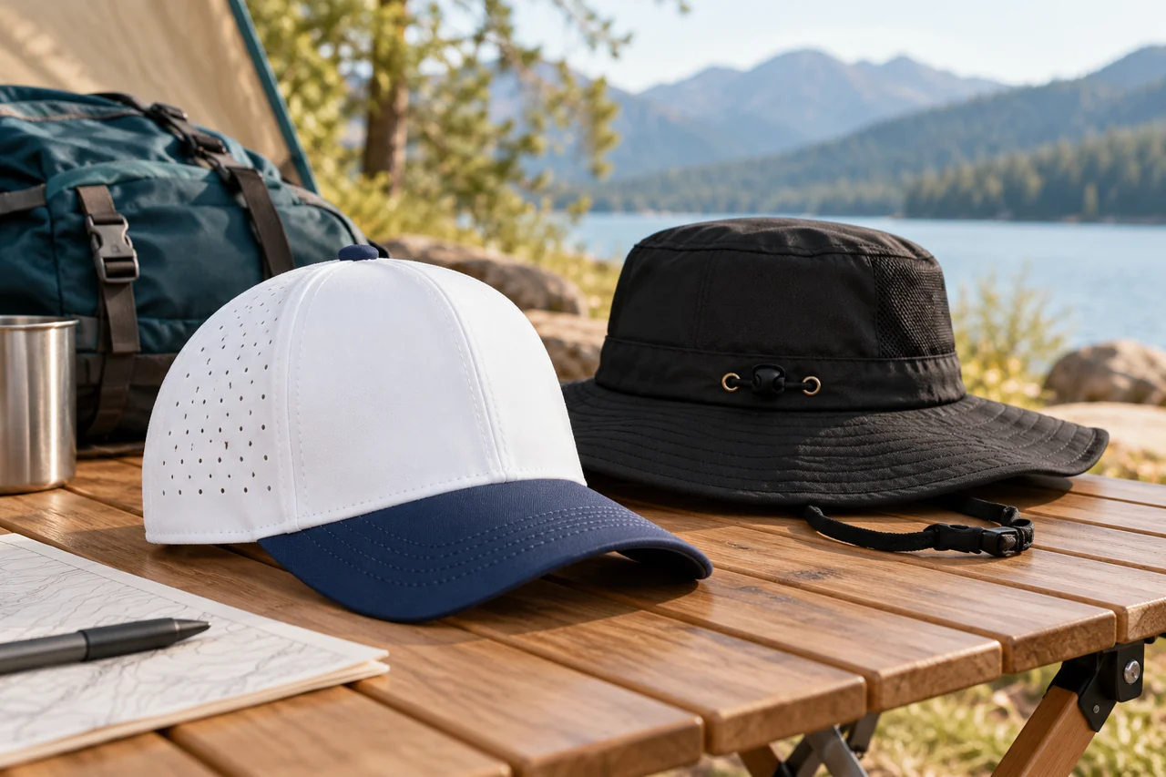 A quiet campsite setting helps relate the hat range to its intended outdoor audience.