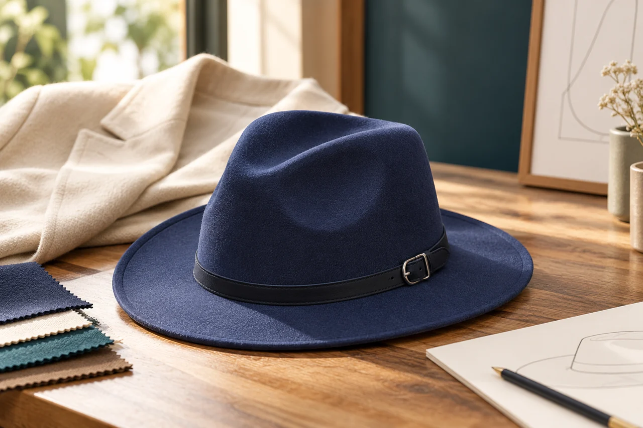 A fedora reference connects the crown profile with a fashion collection setting.