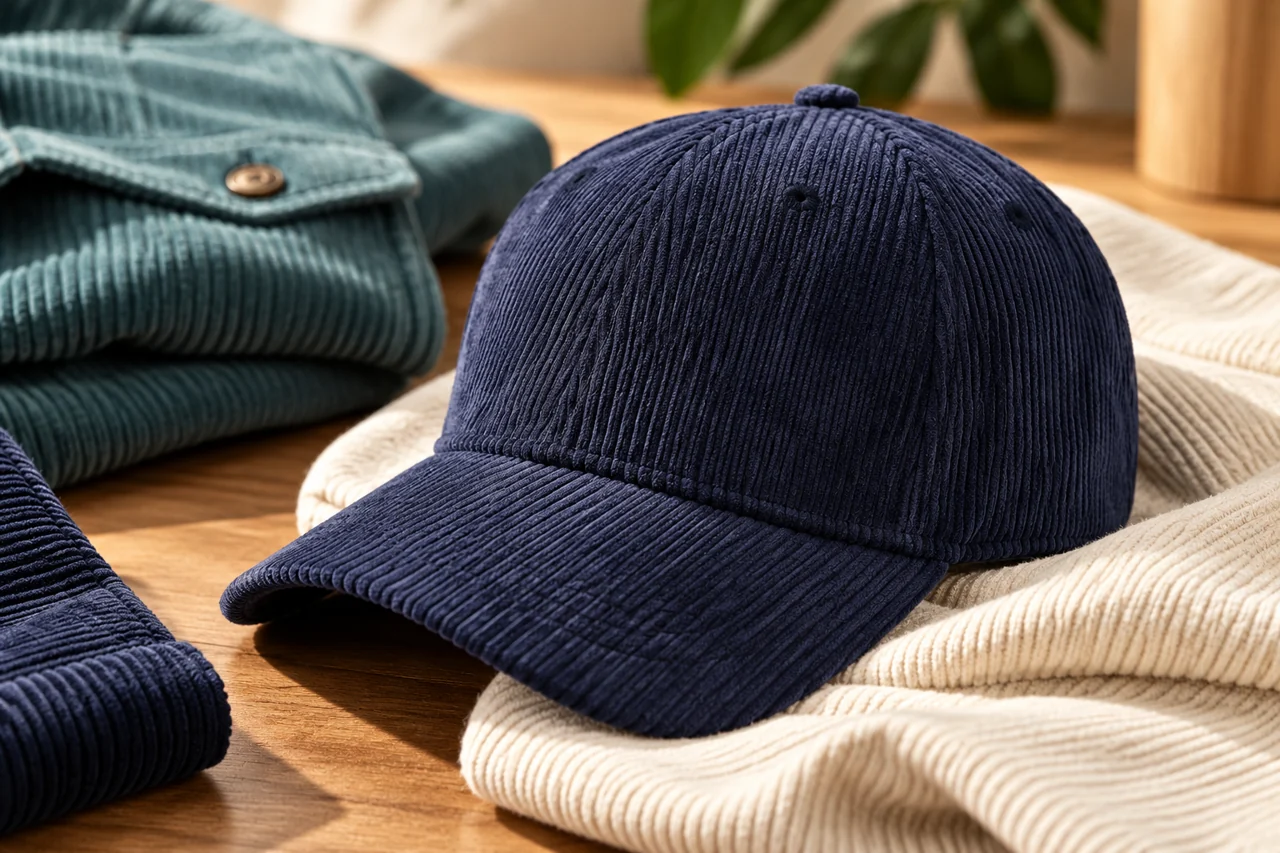 Fabric texture helps show the relationship between the cap and the wider apparel range.